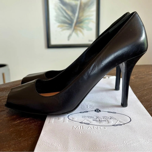PRADA Black Open Square Toe Leather Heels - Picture 10 of 10
